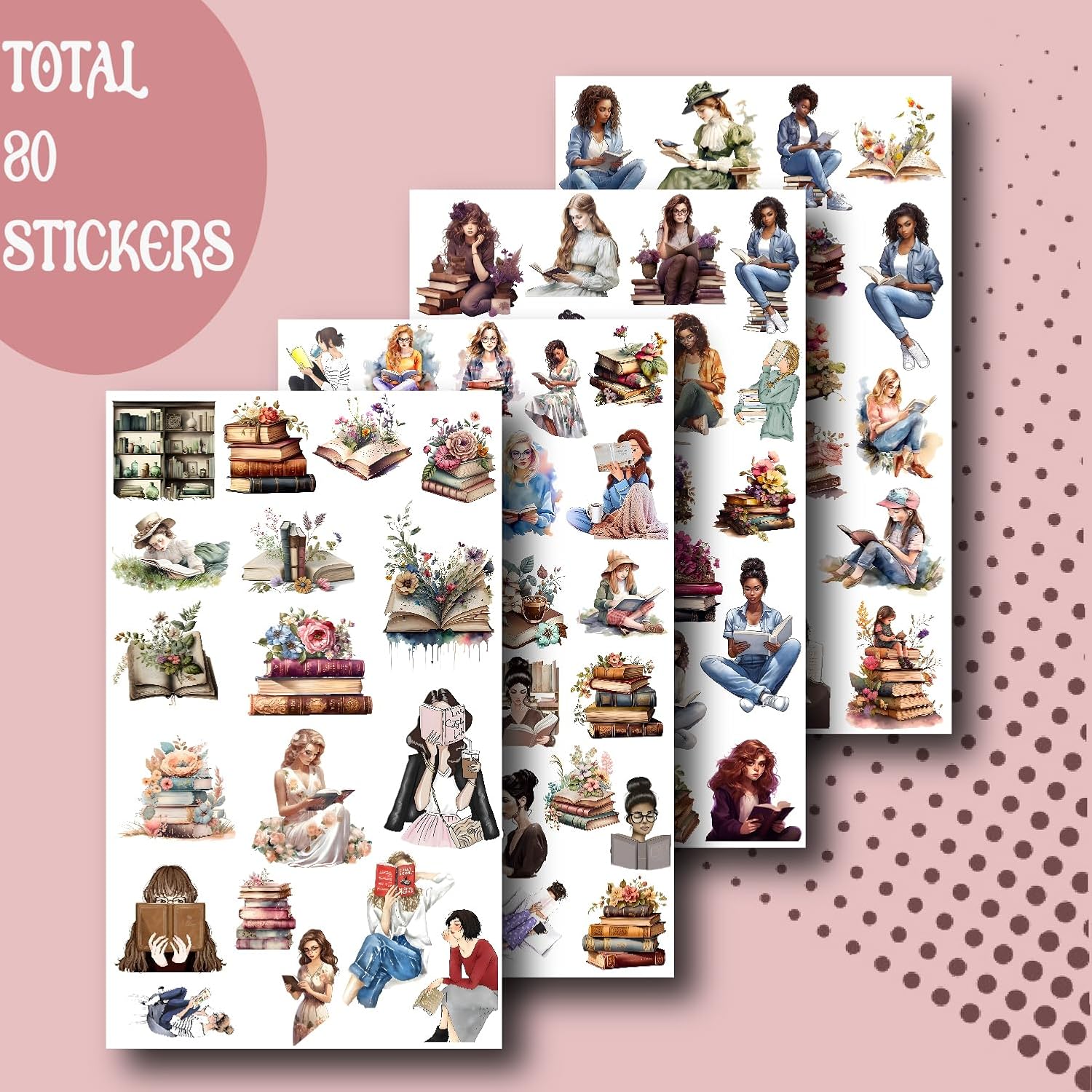 Cute Girls Stickers for Journal Diary DIY Daily Scrapbook Stickers for Page Decoration 80 PCs Sticker (Reading Girls)