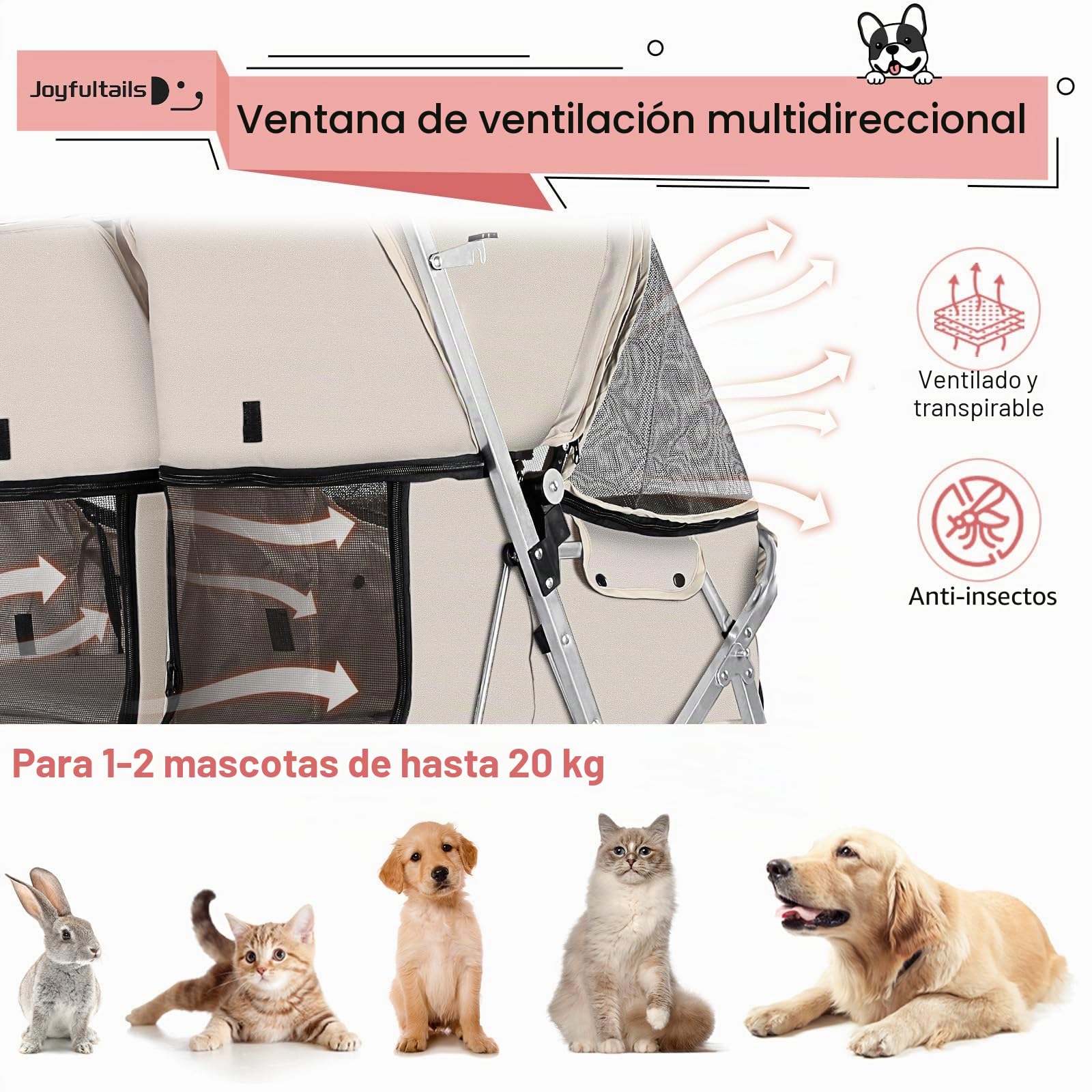 Carro para Perros Doble, Transportín para 2 Mascotas con Capacidad 20KG, Carrito Plegable con Ruedas y Cesta de Almacenamiento + Freno de Mano (Perros Medianos/Pequeños), Gris