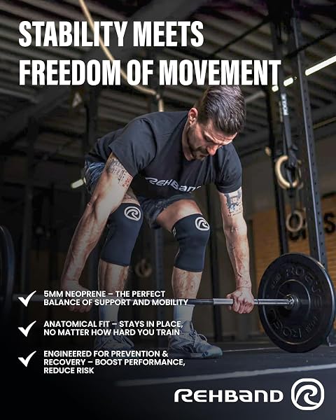 Rehband 5mm Benda per ginocchio Powersport, fascia per ginocchio per Cross Fit e allenamento pesante in neoprene, stabilizza le ginocchia - 2