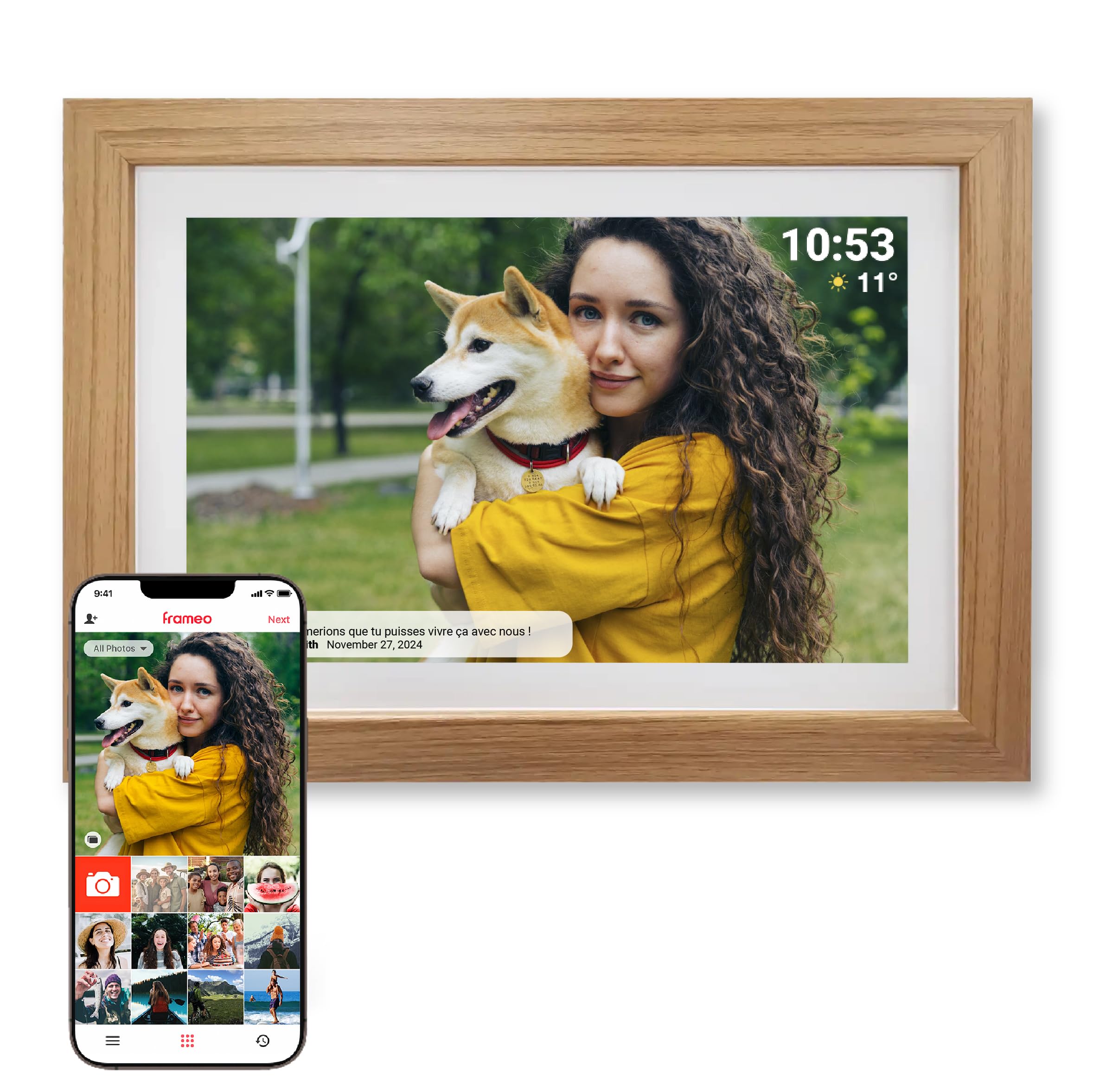 Denver PFF-1042LW Cadre Photo numérique Wi-FI FRAMEO 10,1 Pouces, écran Tactile IPS 1280 x 800, mémoire 16 Go, Application iOS/Android, Bois Clair