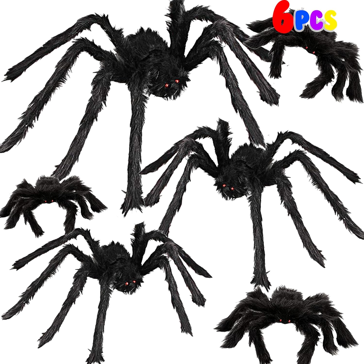 Halloween Spider Decorations, 6 PCS Giant Hairy Black Spiders Set with Different Sizes (36” 30” 24” 18” 12”), Realistic Scary Fake Spiders for Indoor Outdoor Halloween Decor, Yard, Lawn, Haunted House