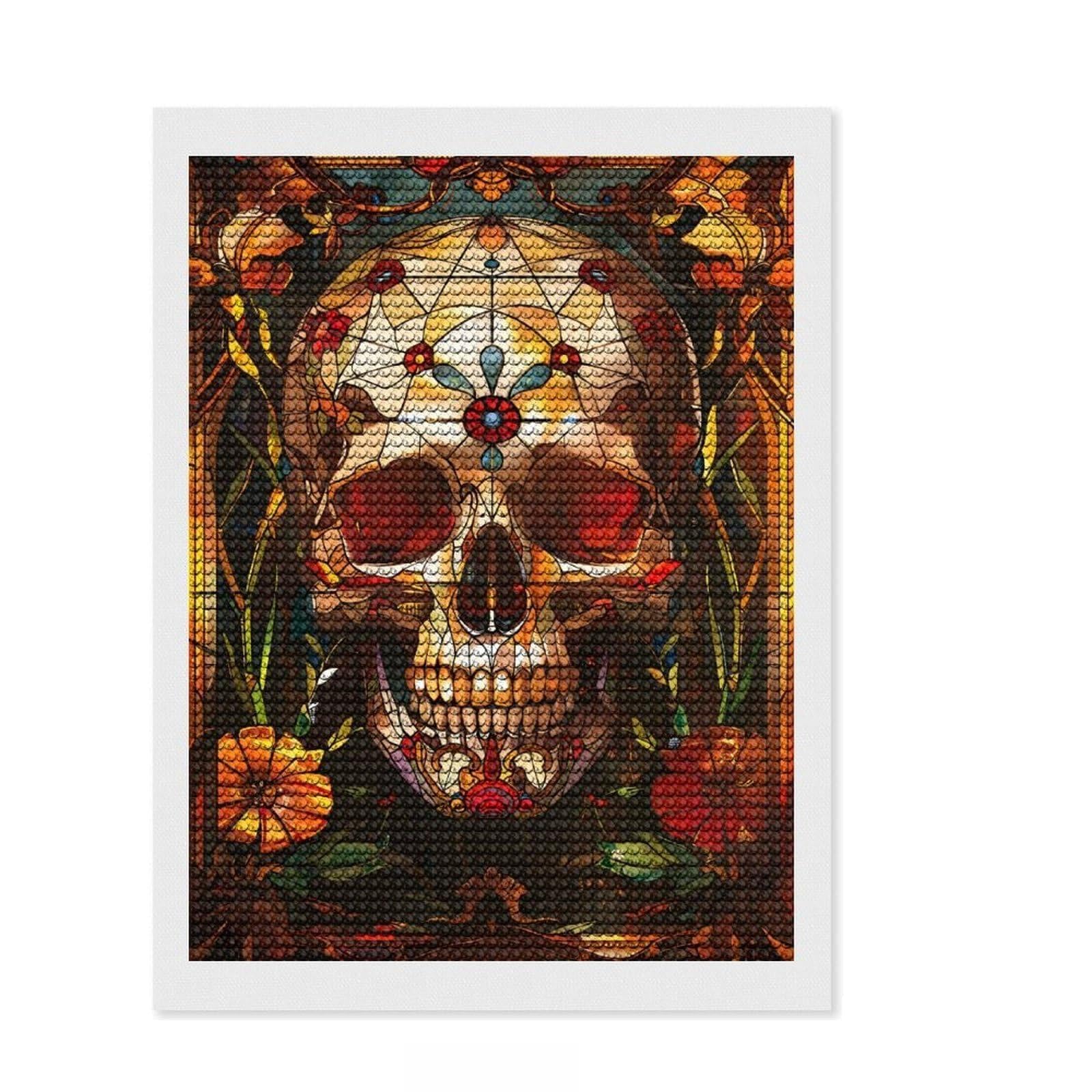 Junmoney Flower Skull Stained Glass Diamond Art Canvas 12"x16", Sparkling Round Gems, Neat Printed Canvas, with Tool Kit, Office Decor, Printed Canvas
