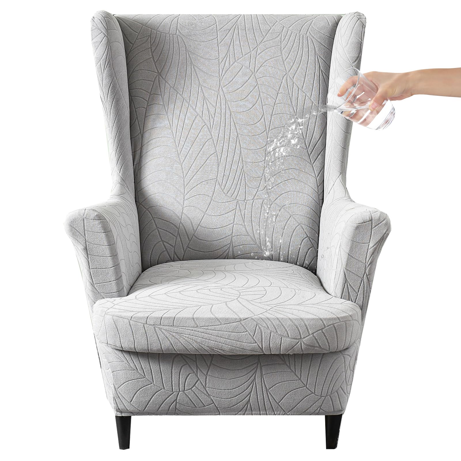 HZDHCLH Wingback Chair Covers 2 Piece With Arms Fashionable Elastic Sofa Protective Chair Cover Furniture Protection Chair Cover Suitable For Armchair Living Room Bedroom Hotel (Light grey jacquard)