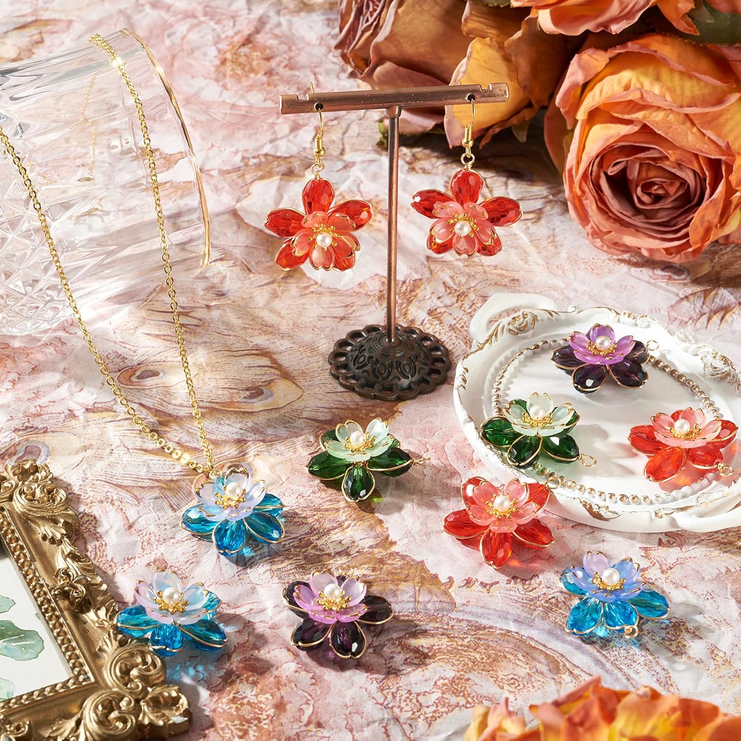 Cheriswelry 8Pcs Flower Charms Crystal Glass Floral Pendants Acrylic Flower Dangle Earring Charms 33.5x31x10mm for DIY Necklace Bracelet Jewelry Making Valentines Decoration - Image 3