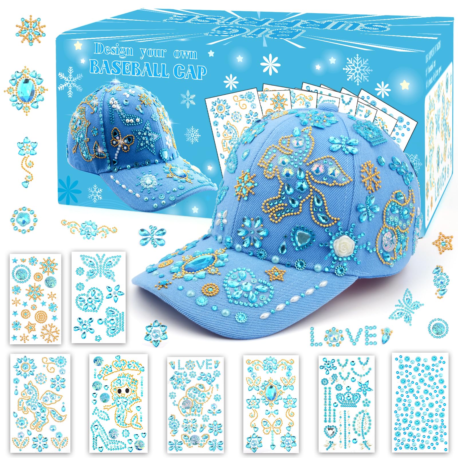 Geschenke für Mädchen DIY Baseballkappe, Hut Selbst Gestalten mit Edelstein Aufklebern, Einschulung Geburtstag Geschenk Mädchen 4 5 6 7 8 9 10 11 12 Jahre, Baseball Cap Bastelset Kinder Schule