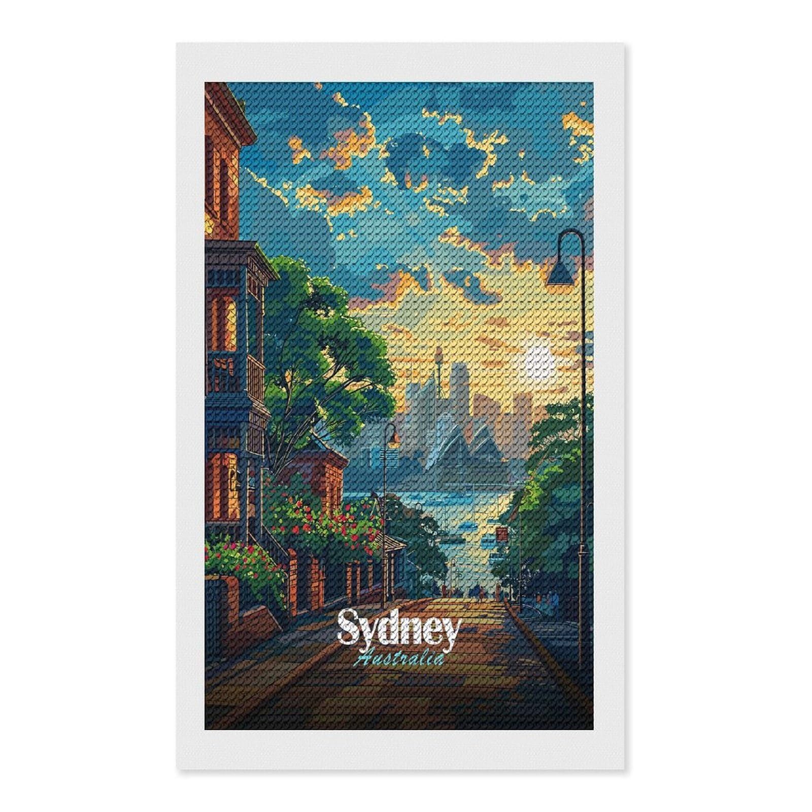 Junmoney Sydney Sunset Cityscape Diamond Painting Set 12"x20", Neat Printed Canvas, with Tool Kit, Bedroom Decor, Gift Idea, Complete Accessories