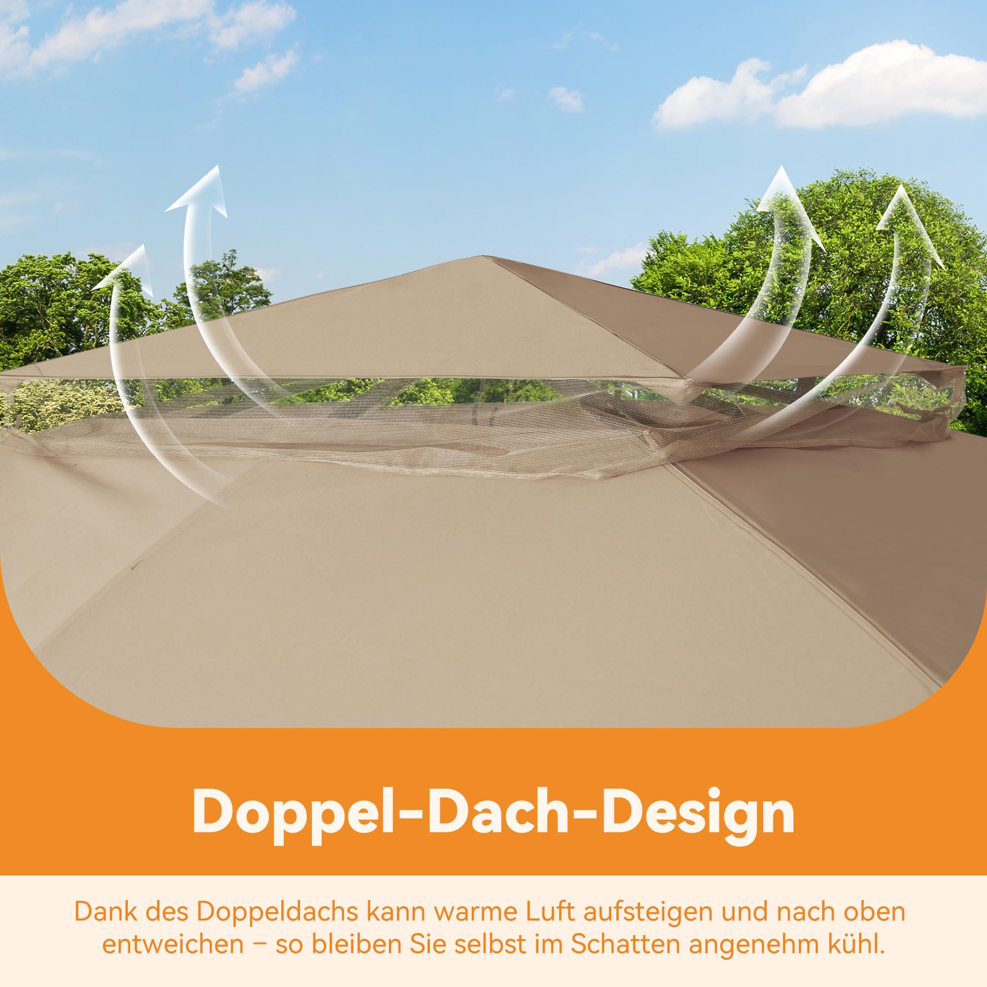 Modern Shade Gartenpavillon Doppeldach 2,4 x 2,4m mit LED-Beleuchtung & Bluetooth-Lautsprecher, Robuste Außenmarkise mit Metallrahmen, Pavillon mit Stoffdach, Netz und Vorhängen für Garten, Khaki