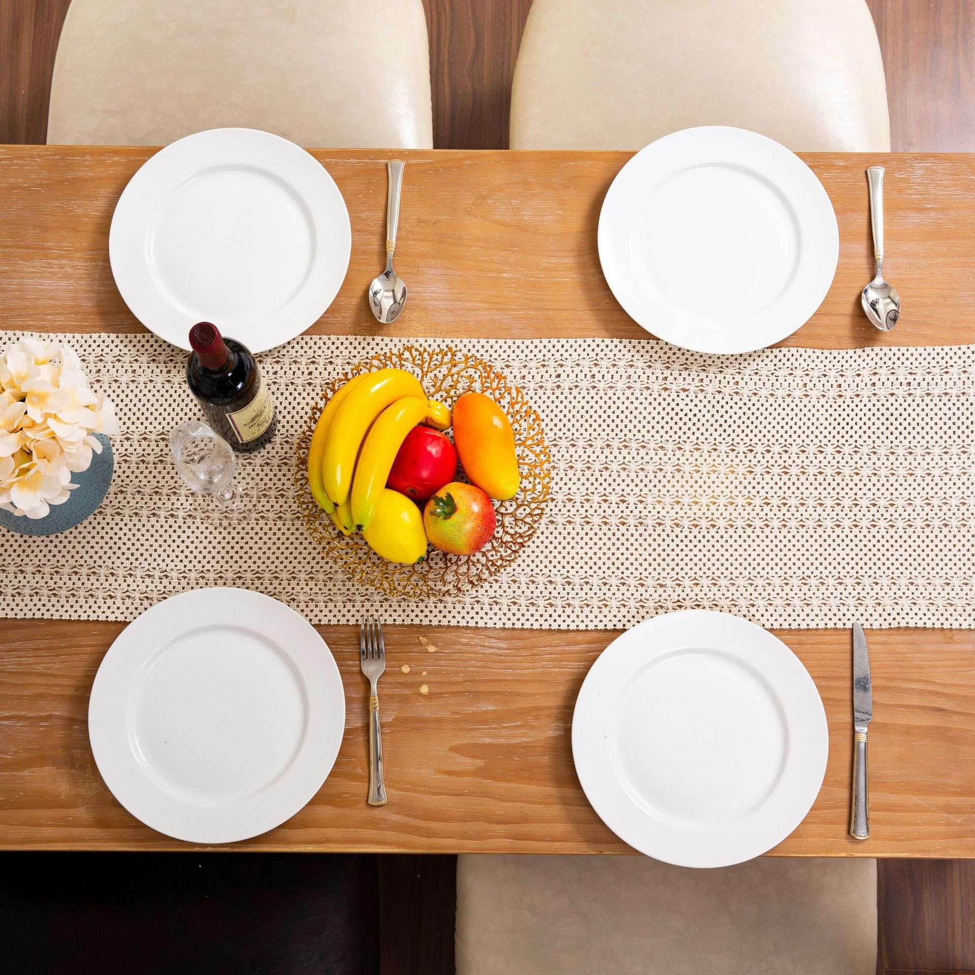 Runner de table en coton et lin de qualité supérieure nappe ajourée avec pompons