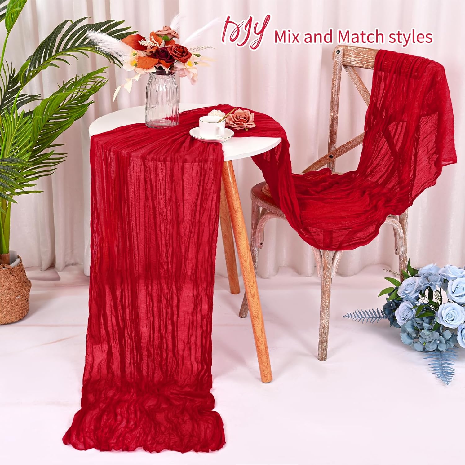 16 Pack Red Cheesecloth Table Runner 120 Inch 10FT Spring Boho Rustic Sheer Gauze Cheese Cloth Table Runner for Wedding Baby Shower Birthday Party Table Decor