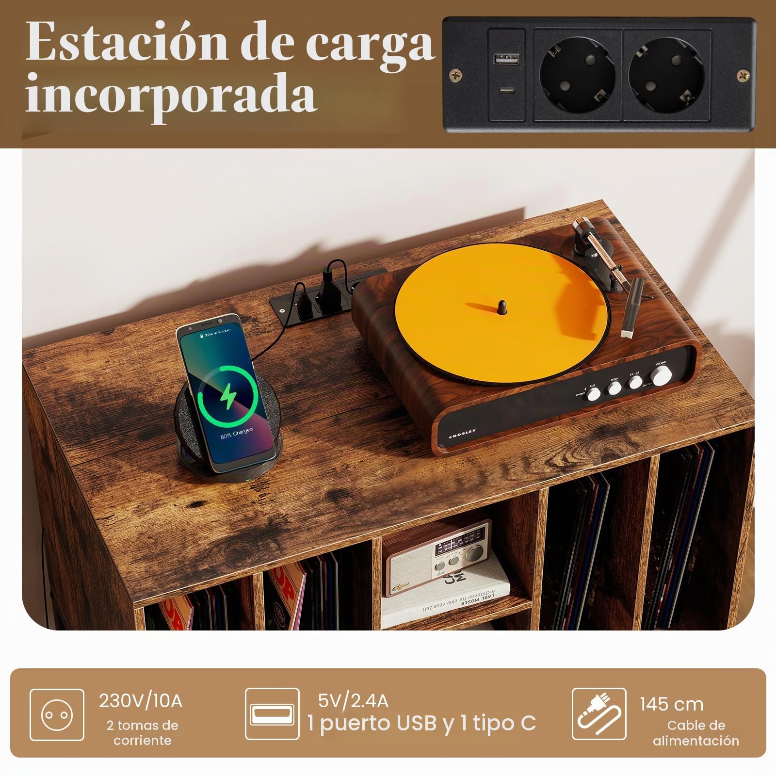 KOMFOTTEU Soporte para Tocadiscos con Estación de Carga, Mueble de Discos de Vinilo con 6 Compartimentos y Estante Abierto, Mesa de Exhibición con Orificio para Cables, 80 x 45 x 79,5 cm (Marrón)