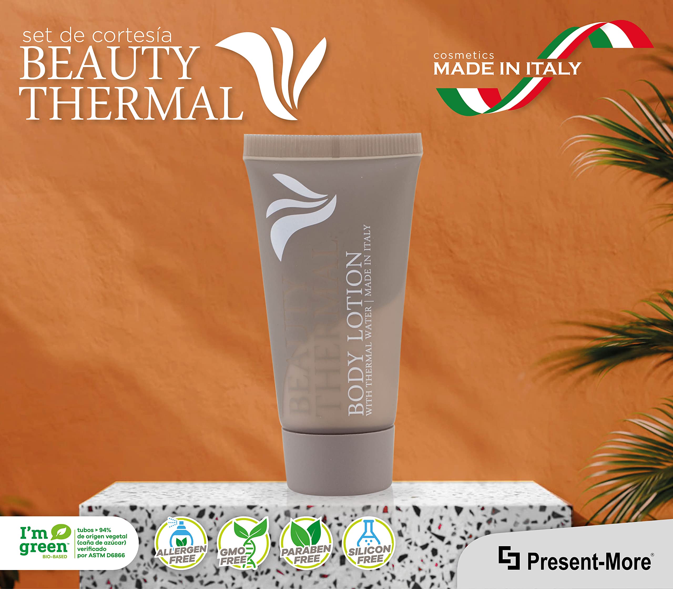 Present-More Crema corporal 30ml Beauty Thermal - Crema cuerpo 250 unidades para Hoteles y B&B | Crema cuerpo sin alérgenos con fragancia Arancia y Canela