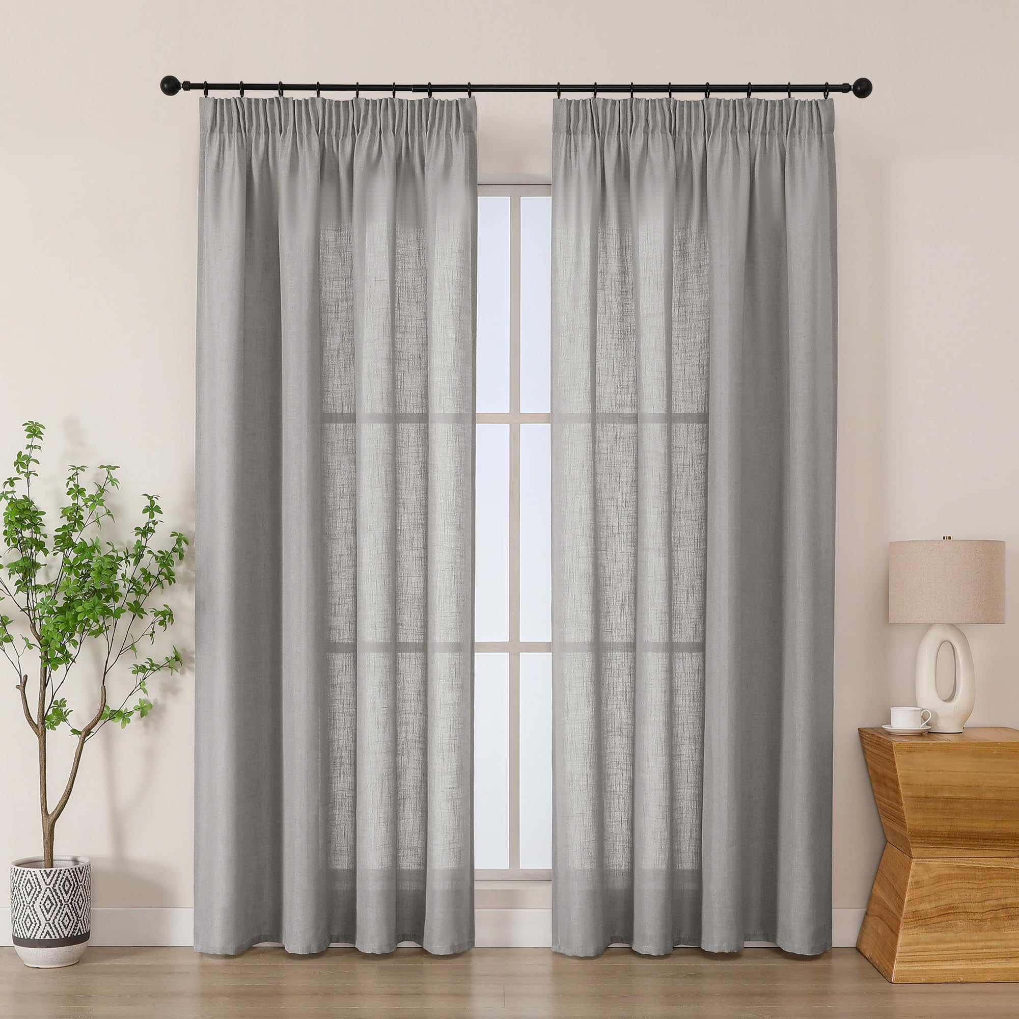 Simplebrand Charcoal Gray Linen Blend Pencil Pleat Curtains, Light Filtering Semi-Sheer Textured Window Drapes for Privacy, 2 Panels for Bedroom, Living Room & Patio Door, W140 x L200 cm
