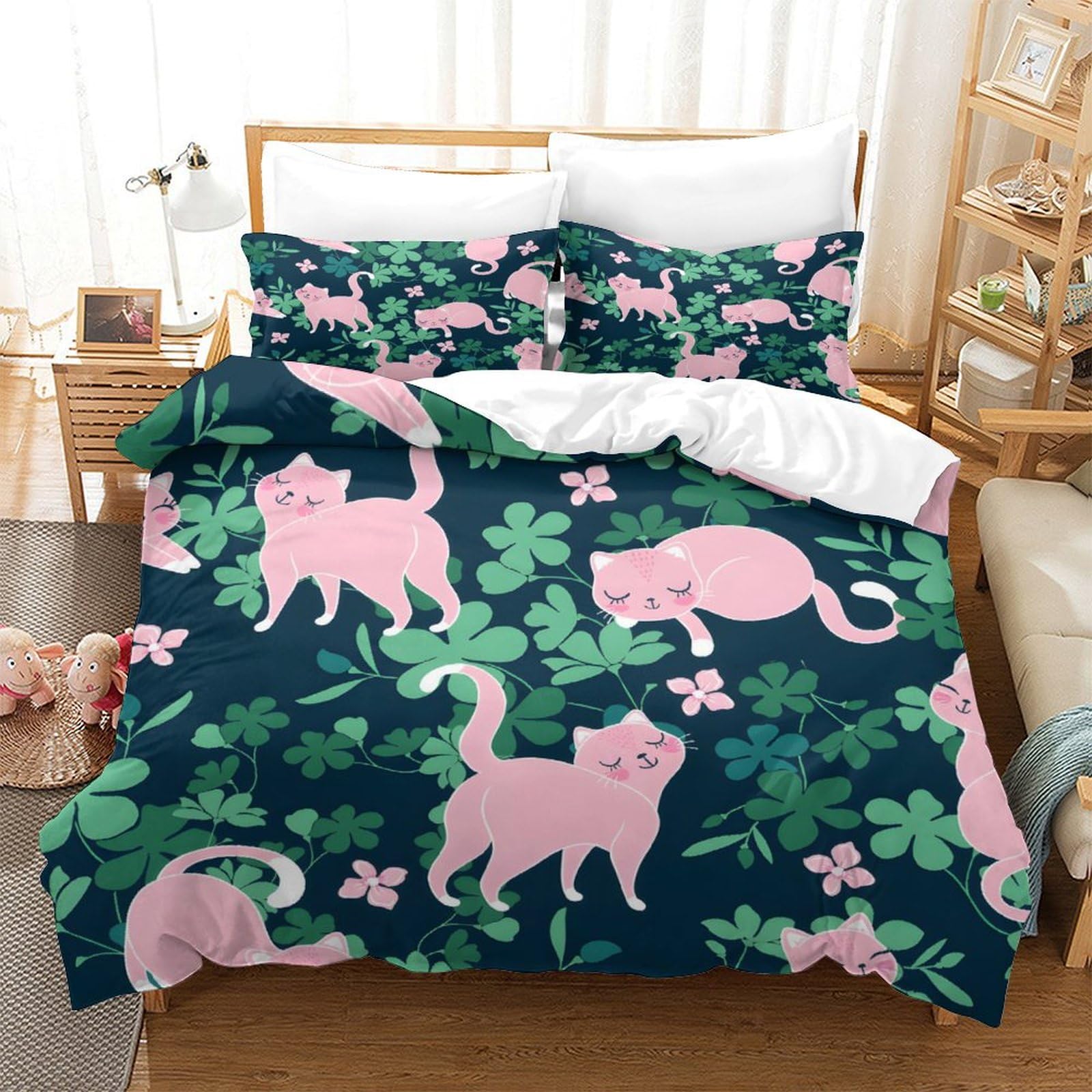 GDEKCIEAS Forest Pink Cat Cartoon Boys Bedding Set 3D Bedding Duvet Cover Set Comforter Cover Set Bedspread Cover Bedroom Quilt Cover 3Pcs Super King（260x220cm）