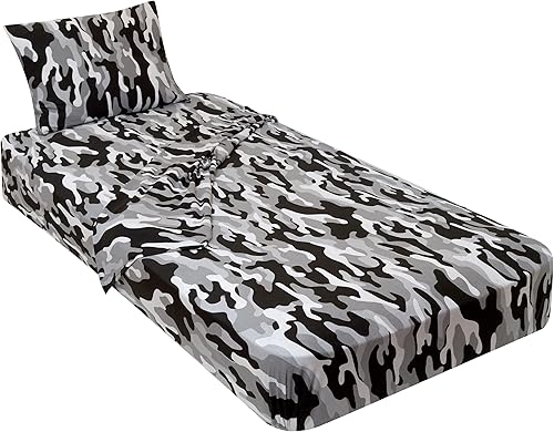 Gilbins Juego de sábanas de punto de punto de jersey de algodón 100 peinado 1 sábana bajera 1 sábana encimera 1 funda de almohada estándar camuflaje