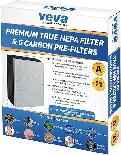 Miniatura 7 de Verdadero filtro HEPA premium con 6 prefiltros de carbón activados compatibles con purificador de aire 115115 Tamaño 21, Filtro A y Purificador de