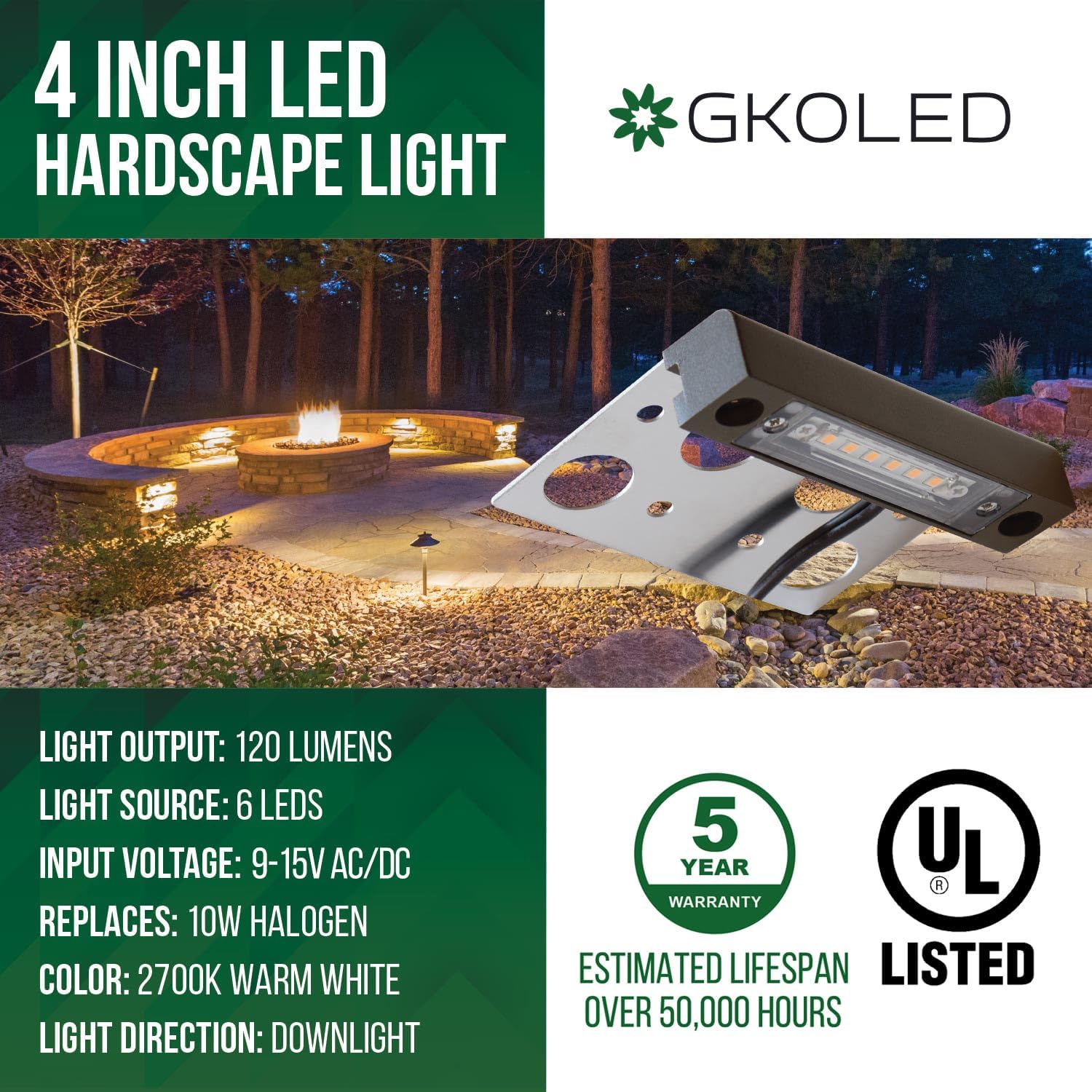 GKOLED 4 Inches LED Hardscape Light, Paver Wall Light, 2W 2700K LED Lighting Source, Outdoor Step Lights, Solid Powder Coated Die-cast Aluminum Housing, Low Voltage 12V AC/DC, Pack of 4, UL Listed