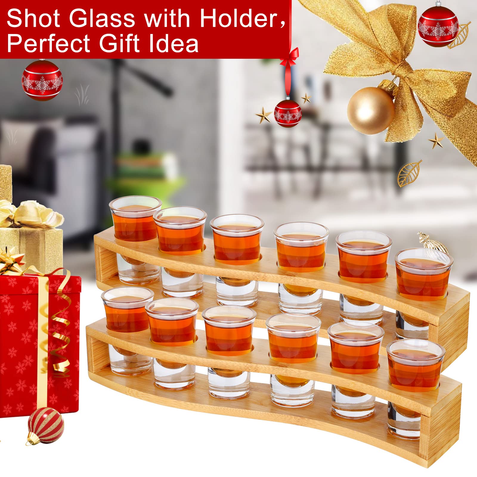 SuproBarware [Coffret cadeau] Lot de 12 verres à shot amusants en vrac avec support 30 ml Verre à shot en cristal transparent avec plateau de service organisateur pour liqueur, shot, tequila