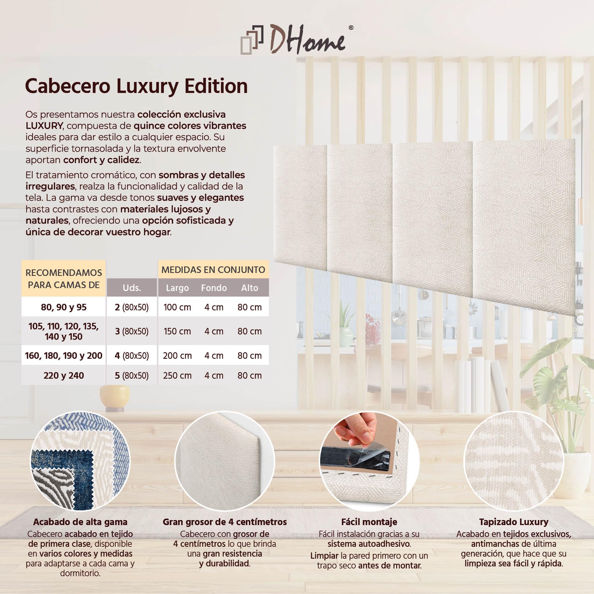 DHOME Cabecero Tapizado en Tejido Luxury Antimanchas Diseño Modular Vertical Autoadhesivo Cabezal Cama Dormitorio Acolchado (Ethnic White, 110cm, Altura 80cm, x3)