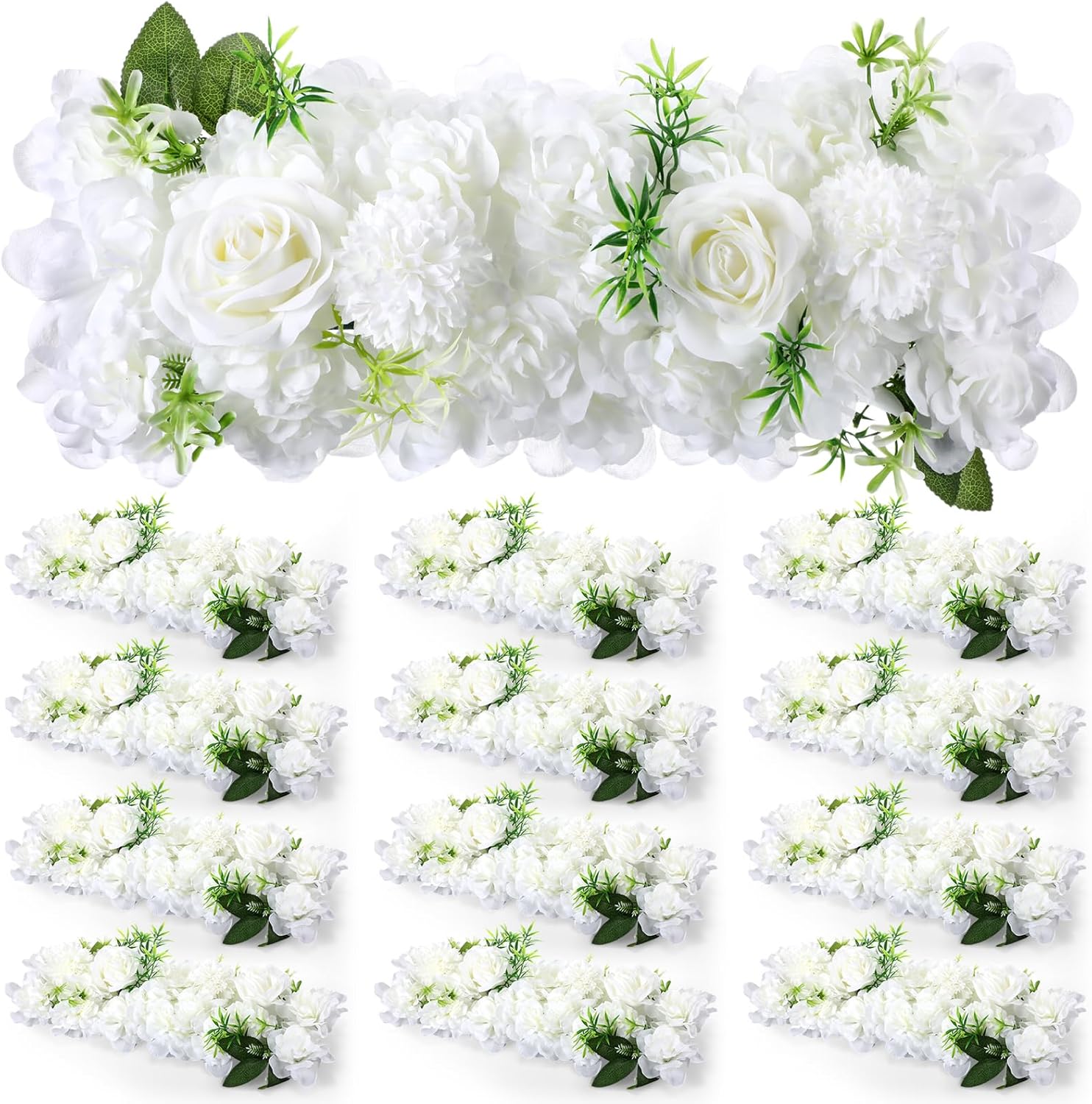 12 Pcs Wedding Arch Artificial Flower Panel White Floral Swags Realistic Rose Silk Fake Peony Arrangement for Romantic Wedding Wall Reception Ceremony Welcome Sign Decor, 20.9 x 9.4 Inches