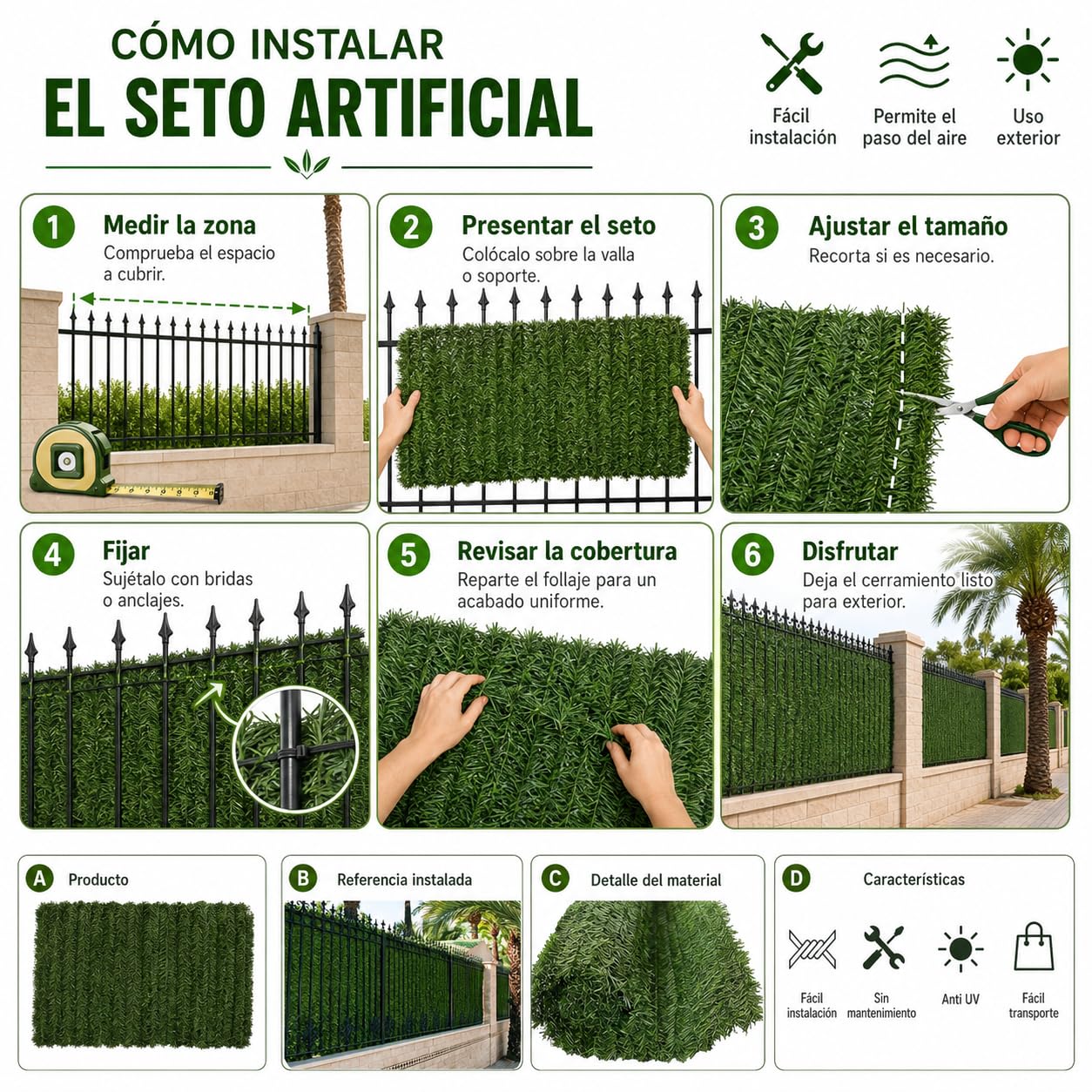Seto Artificial Ocultación Jardín, Pack 2 Unidades de 1x3m, para Jardin o Terraza, Ocultación 90%, Seto Decorativo, Tratamiento UV, fijación con Alambre, Color Verde