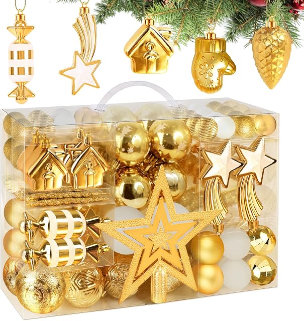 Esvitto Christmas Baubles 107PCS, Gold Baubles Christmas Tree Decorations Set, Christmas Tree Baubles Shatterproof Hanging Ornaments Balls 2022 Xmas Tree Decorations for Holiday Party and Deocration