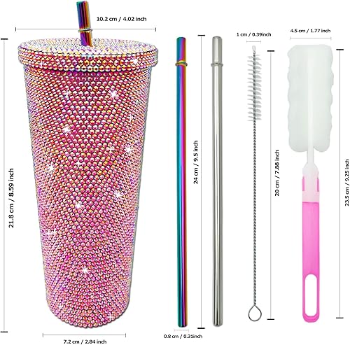 Miniatura 4 de XMYAINA Vaso brillante de 26 onzas con diamantes y tachuelas de diamantes, botella de agua con tapa y pajitas, acero inoxidable aislado al vacío,