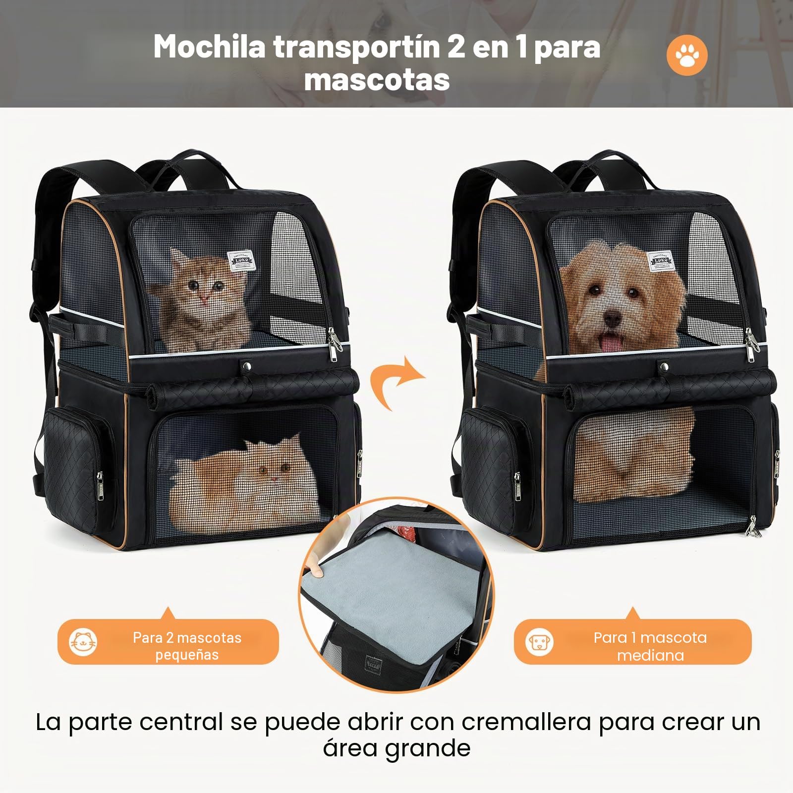 Mochila Gatos de Doble Capa para 2 Gatos | Mochila Grande para Perros,Mochila Transportin Gato para Mascotas Plegable - para Perros y Gatos de hasta 11 kg - Negro
