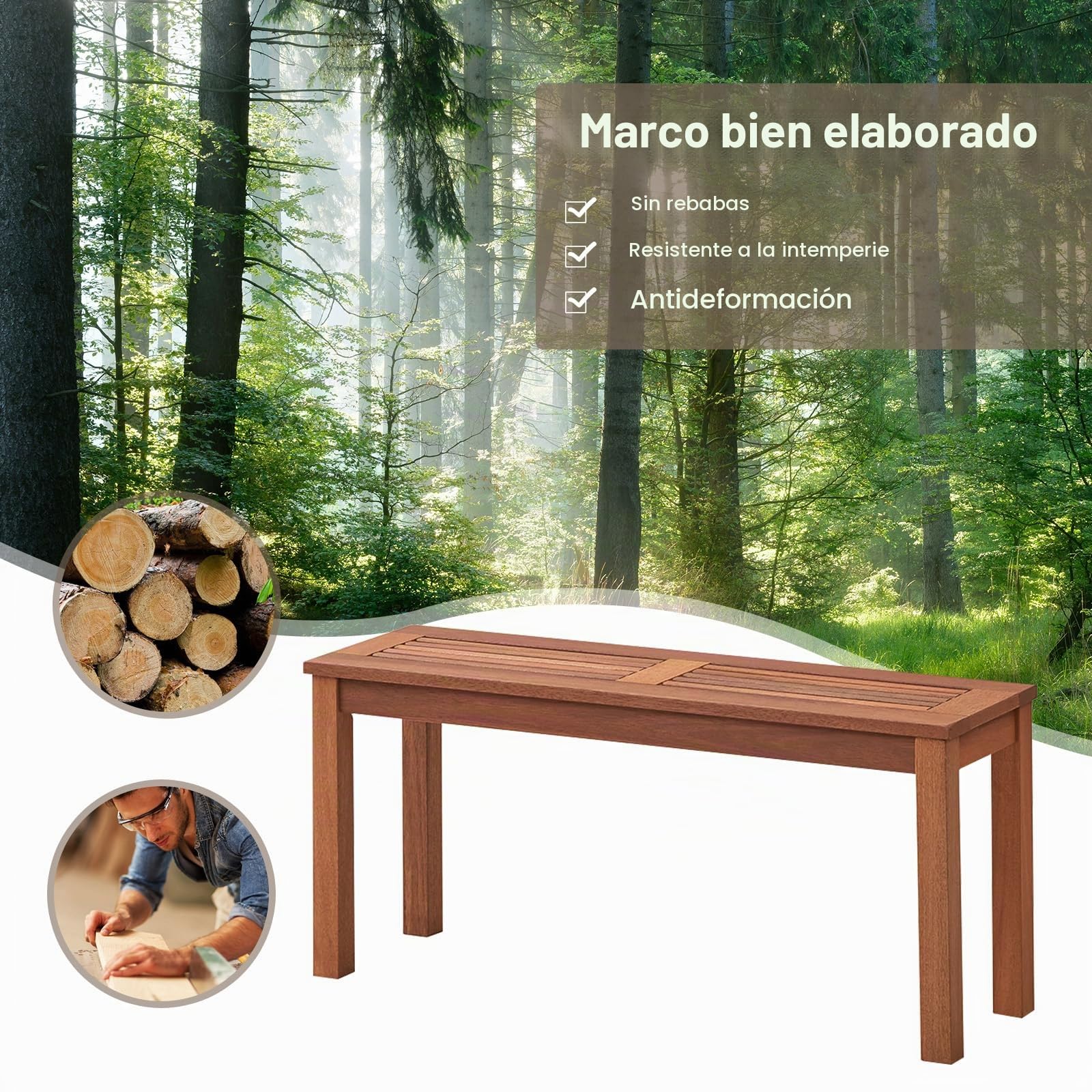 KOMFOTTEU Banco para Exterior de Madera, Banco de Jardín para 2 Personas, Asiento de Listones con Capacidad de hasta 150 kg, Mueble de Asiento para Balcón, Terreza, Porche, 100 x 30,5 x 47 cm (1)