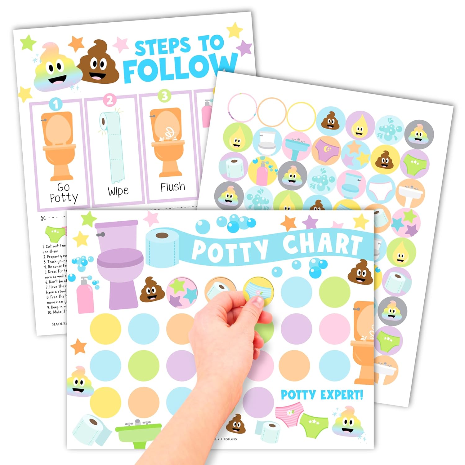 Hadley Designs Potty Training Chart for Toddlers Boys -10 Sticker Potty Chart for Toddlers Girls, 8.5x11" Potty Training Sticker Charts for Toilet Success, Pastel Toddler Reward Chart for Kids