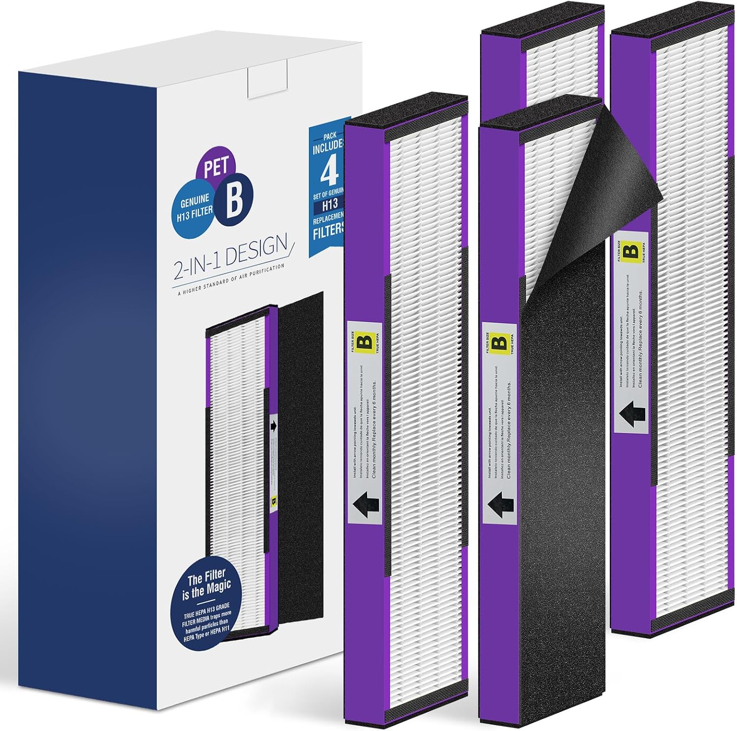 [ELOWOKE] 4-Pack FLT4850PT HEPA Filter B Pet Compatible with G??rm-Guardian Air Purifier Filter Replacement for Model FLT4825 AC4825 AC4300, 4X H13 HEPA Filters & 10X Carbon Pre-Filter, Purple Filter B Pet (4-Pack)