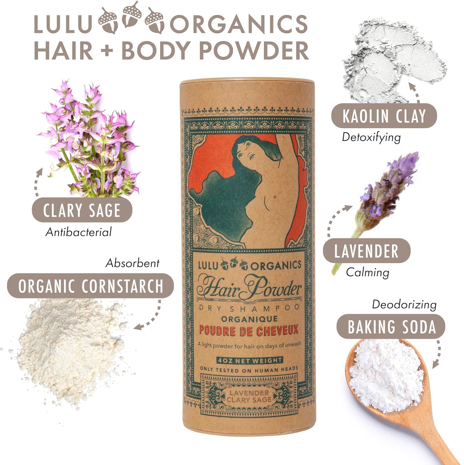 Non-Aerosol Dry Shampoo Powder with Hair Brush for Dark, Blonde and Oily Hair, All Natural Organic Body Powder, Paraben & Talc free No White Cast Synthetic Fragrance, Lavender & Clary Sage - 4oz
