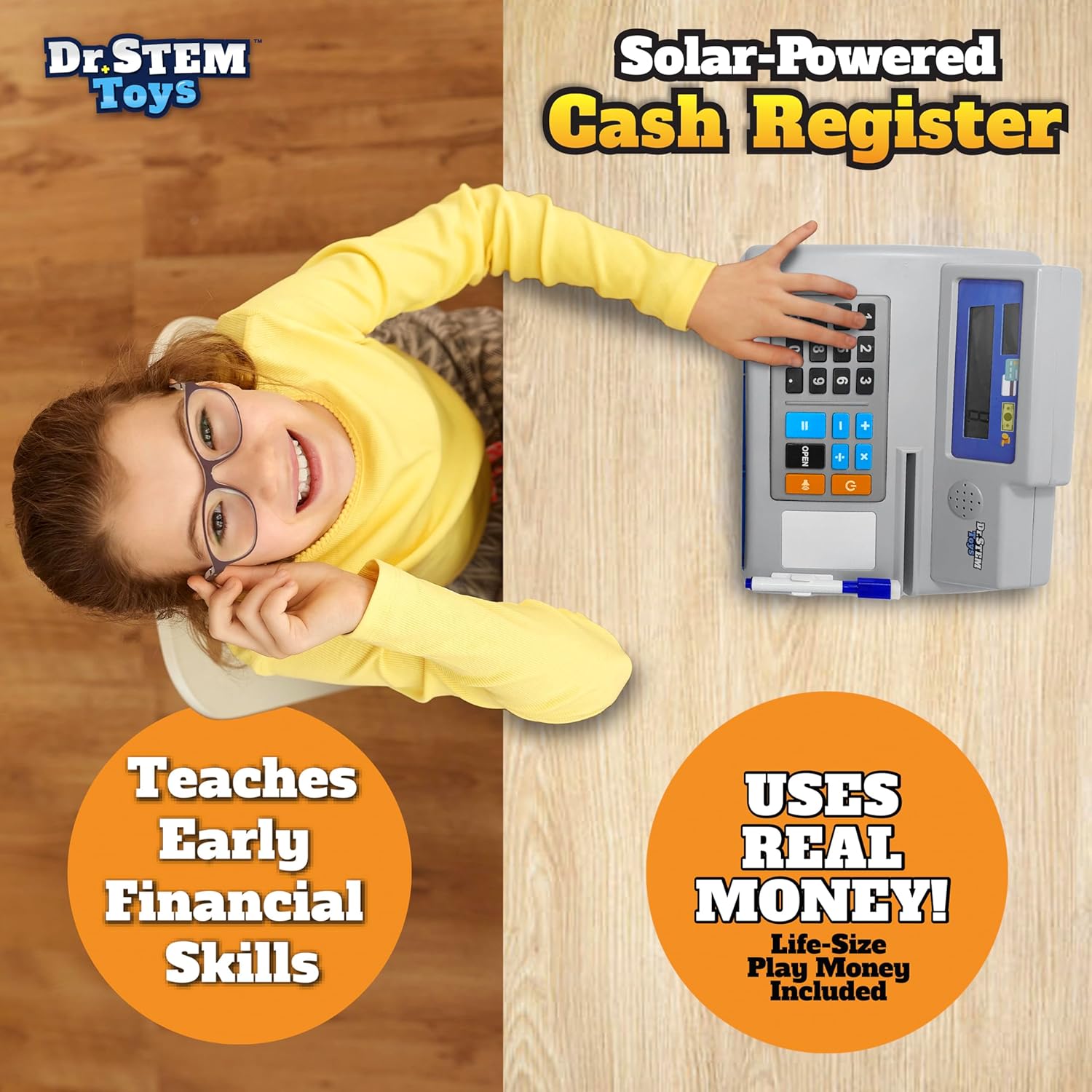 Dr. STEM Toys Solar Powered Calculator Pretend Cash Register with Play Money – 67-Piece Set for Learning Math Skills, STEM Cash Register for Kids (Gray)