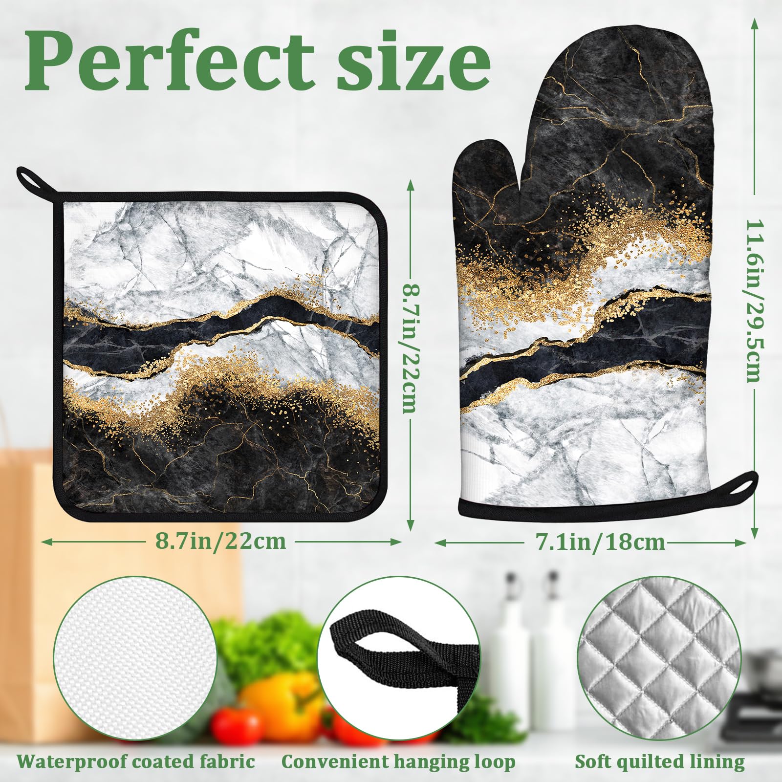 Ofenhandschuhe und Topflappen, Marmor, Schwarz, Weiß, Gold, 4 Stück, extra lang, hitzebeständig, Topflappen zum Backen, Grillen, Grillen