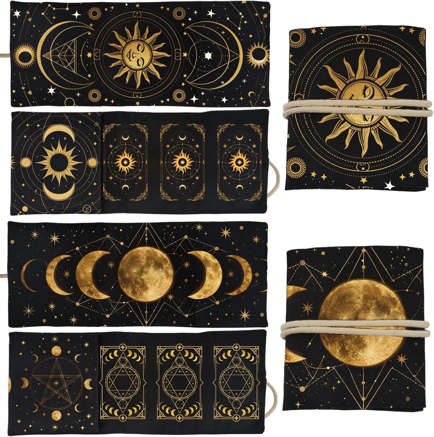 GLOBLELAND 2Pcs Sun Moon Tarot Card Holder with Layout Pattern Moon Phases Polyester Tarot Magic Divination Large Storage Pouch Accessories for Playing Cards and Tarots