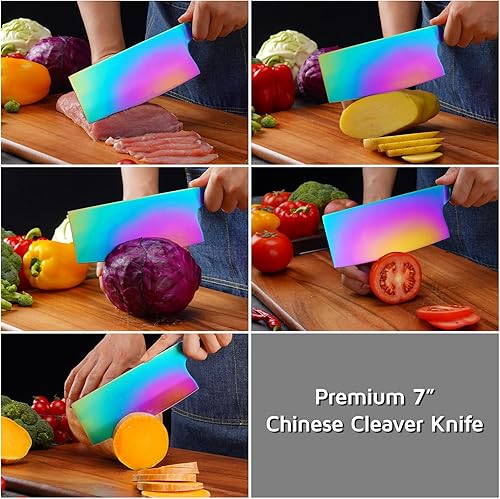 Vista 3 de WELLSTAR Cuchillo de carnicero para carne de arcoíris, cuchillo de carnicero chino iridiscente de 7 pulgadas, cuchillo de cocina alemán súper
