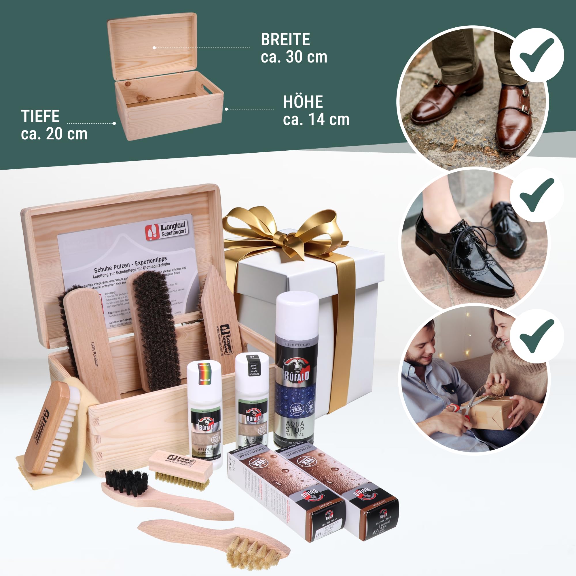 Langlauf Schuhputzset Bologna 15-teilig mit Bürsten, Cremes und Holzkasten | Schuhpflegeset mit Rosshaar-, Nubuk- und Wildlederbürsten sowie Pflegeprodukten für Glattleder, Nubuk und Veloursleder