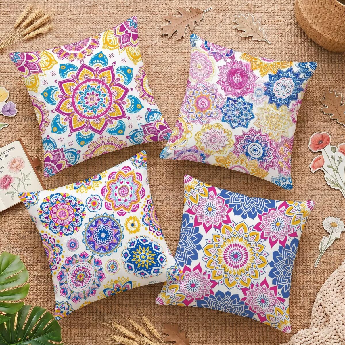 Kissenbezug 60x60 cm 4er Set Beidseitig Bedruckte Farbe Mandala Samt Zierkissenbezüge, wasserdichte Outdoor Kissen Dekokissen für Lounge Deko Wohnzimmer Garten Wohnaccessoires & Schlafzimmer C-O39