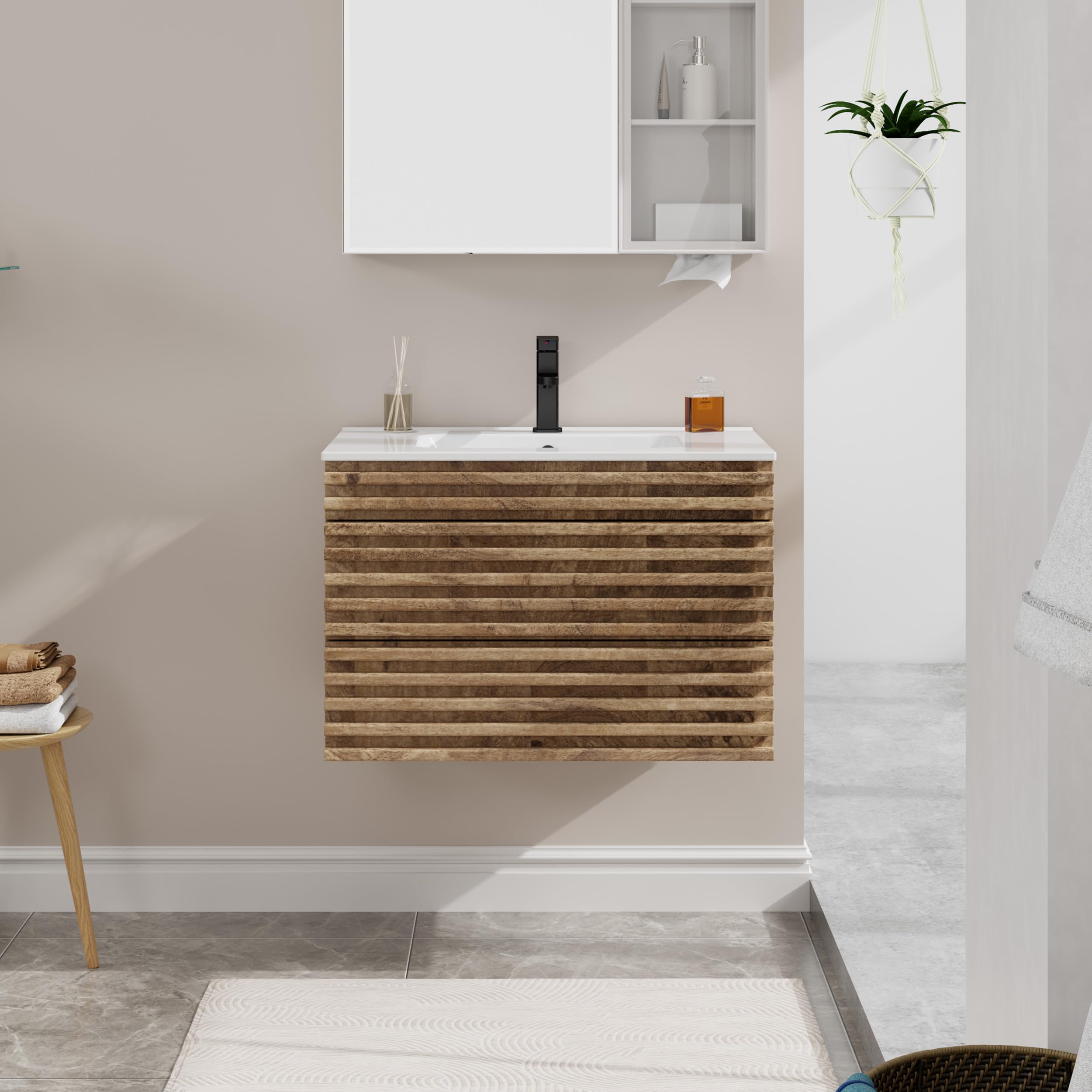 UEV Meuble Salle de Bain, avec Lavabo en Céramique, Lavabo Suspendu 75cm, 2 Tiroirs avec Système de Fermeture en Douceur, Grand Espace de Rangement, 75 x 45 x 46cm, Naturel