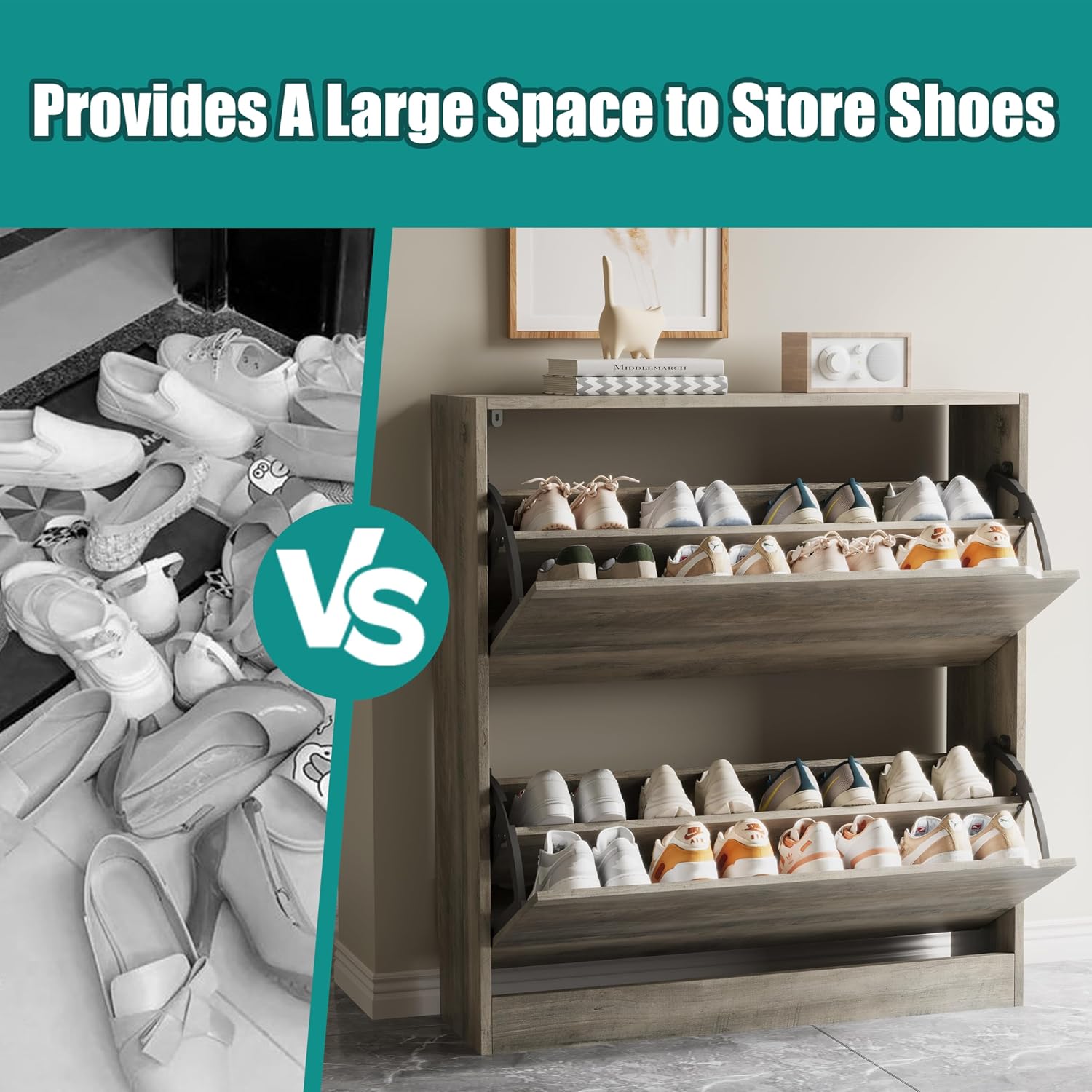 Comparison image showing a messy pile of shoes versus organized shoes in the Xixini cabinet
