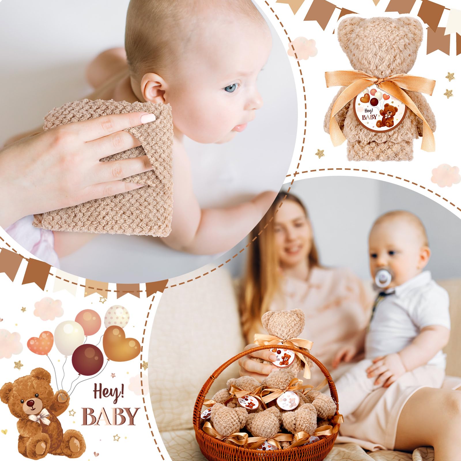 Mindsoft Juego de 24 regalos de baby shower con toalla de oso de forro polar coral, bolsas de organza y tarjetas, toalla de baño suave para regalo, baby shower, bautizo, fiesta