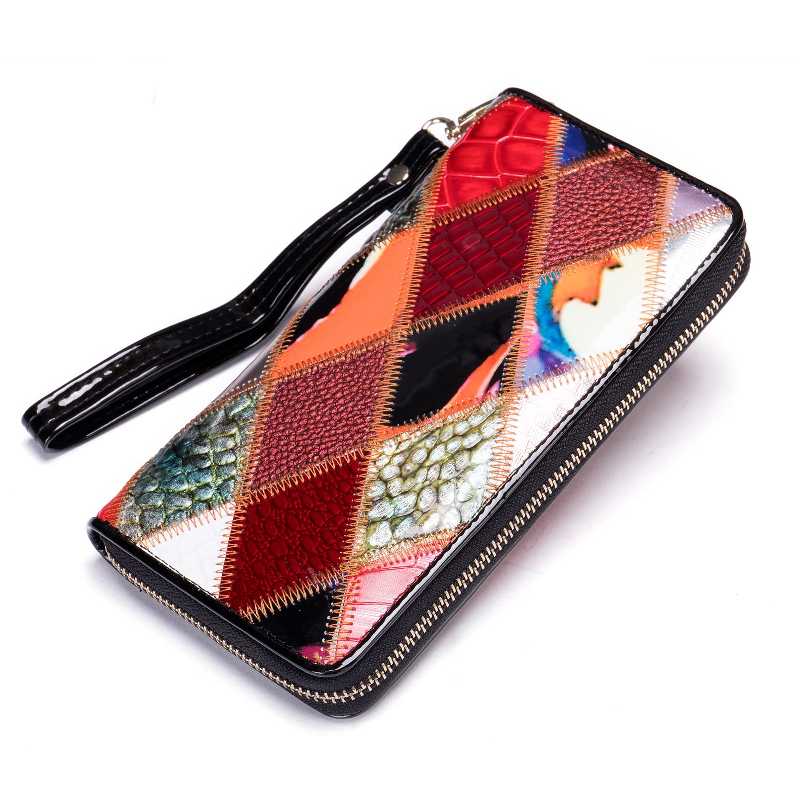 MASIWEIGenuine Leather Patchwork Wallet for Women, Zip Around Colorful Clutch Wallets, Credit Card Holder with Coin Pocket (Multicolor-L)