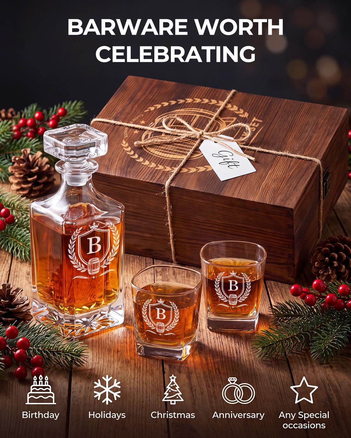 Birthday Gifts For Men Whiskey Decanter Set With 2 Glasses 25OZ Non-Lead (whiskey decanter set B)