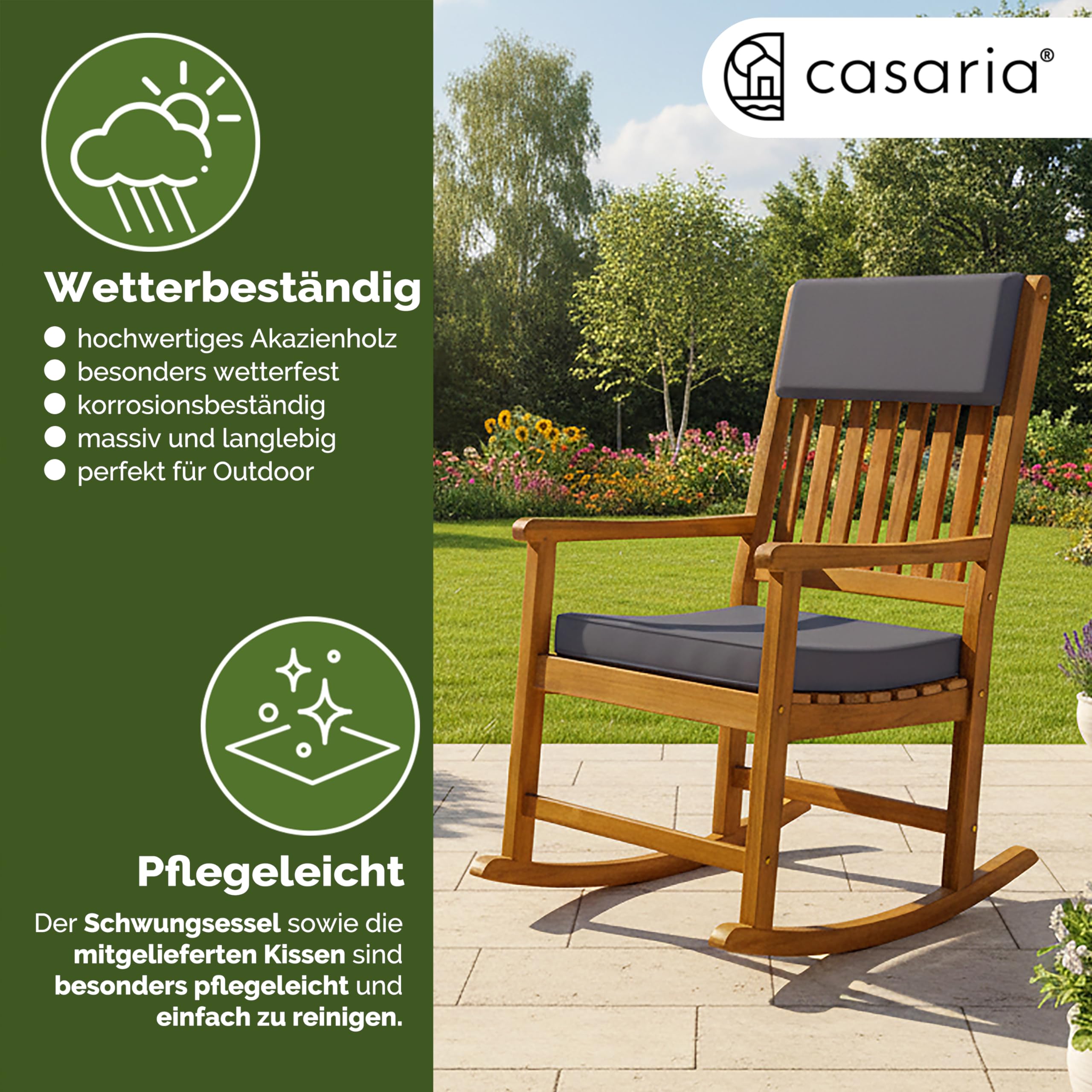 CASARIA® Silla Mecedora Reposabrazos Acacia 160Kg Funda Lavable Jardín Balcón Terraza Resistente Intemperie Interior Exterior Cojines Antracita