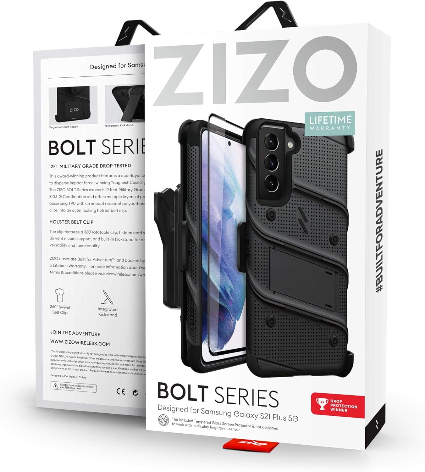 ZIZO Bolt Series for Galaxy S21 Plus Case with Screen Protector Kickstand Holster Lanyard - Black