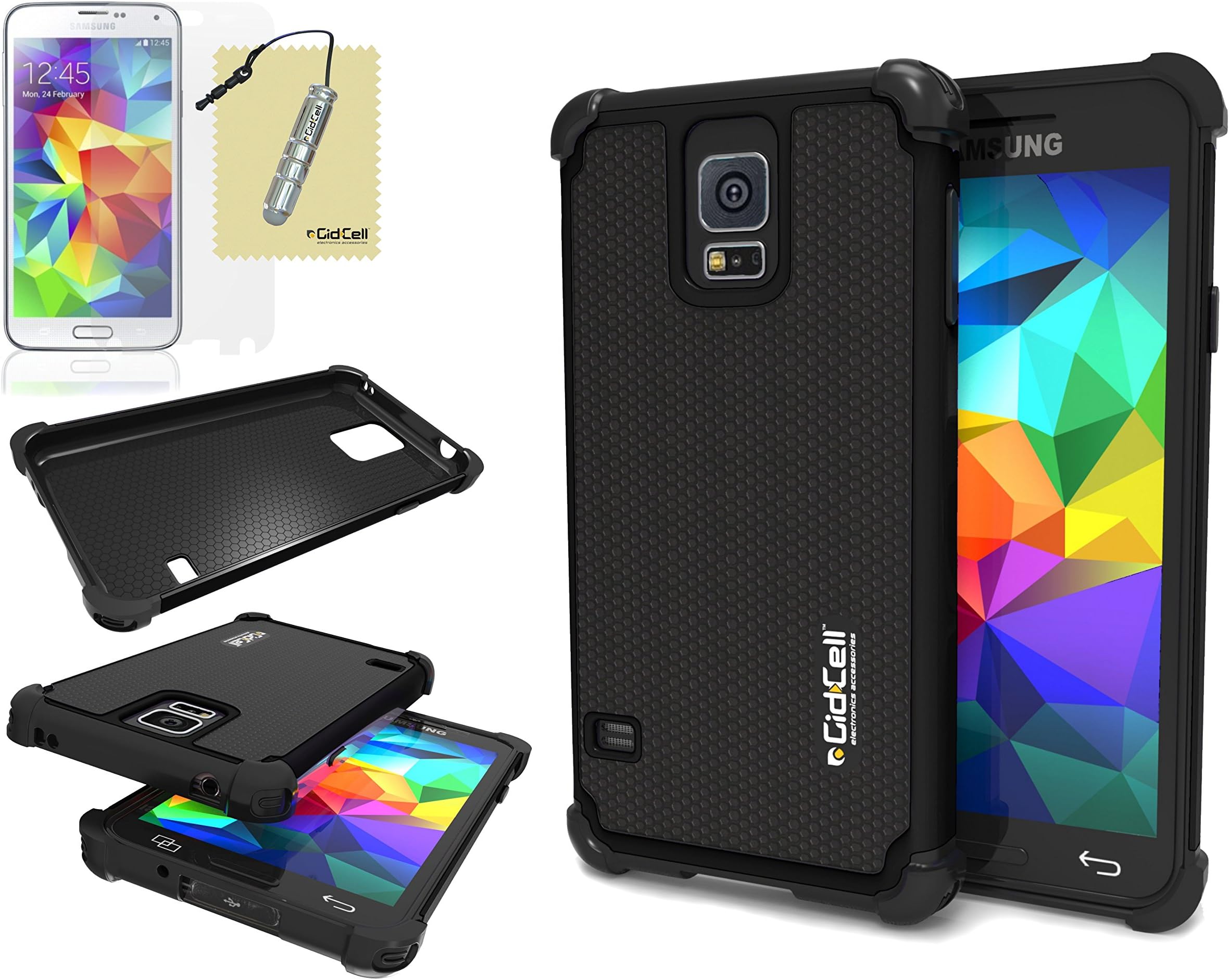 Galaxy S5 Case, Cover - Double Armor Two Layer Hybrid With Soft Silicone Rubber Inside And Detachable Hard Polycarbonate (PC) Plastic Outside Shell, Shockproof, Heavy Duty, Low Profile, Attractive Appearance, by GidCell - [Includes: 1 Case, 1 Screen Protector, 1 Stylus Pen, 1 Cleaning Cloth] – [Black]