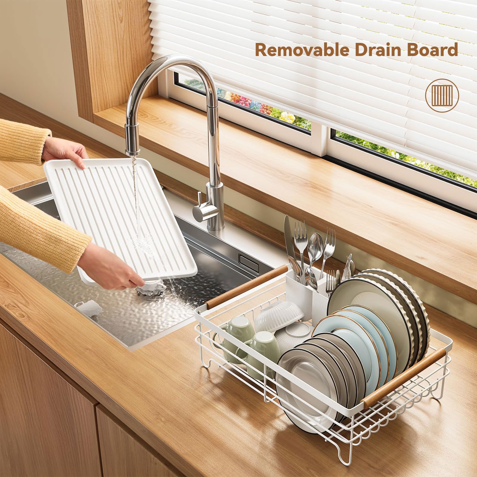 Escurridor de platos 43*30.5*14cm Acero al Carbono Escurridor de Platos para Fregadero con Bandeja Recogegotas y Portacubiertos Secador Ahorra Espacio Multifuncional Resistente al óxido Secaplatos