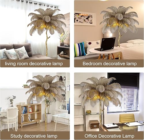 Miniatura 7 de Lámpara de pie de plumas de avestruz natural, moderna lámpara de pie LED regulable, lámpara de lectura romántica para dormitorio de princesa,