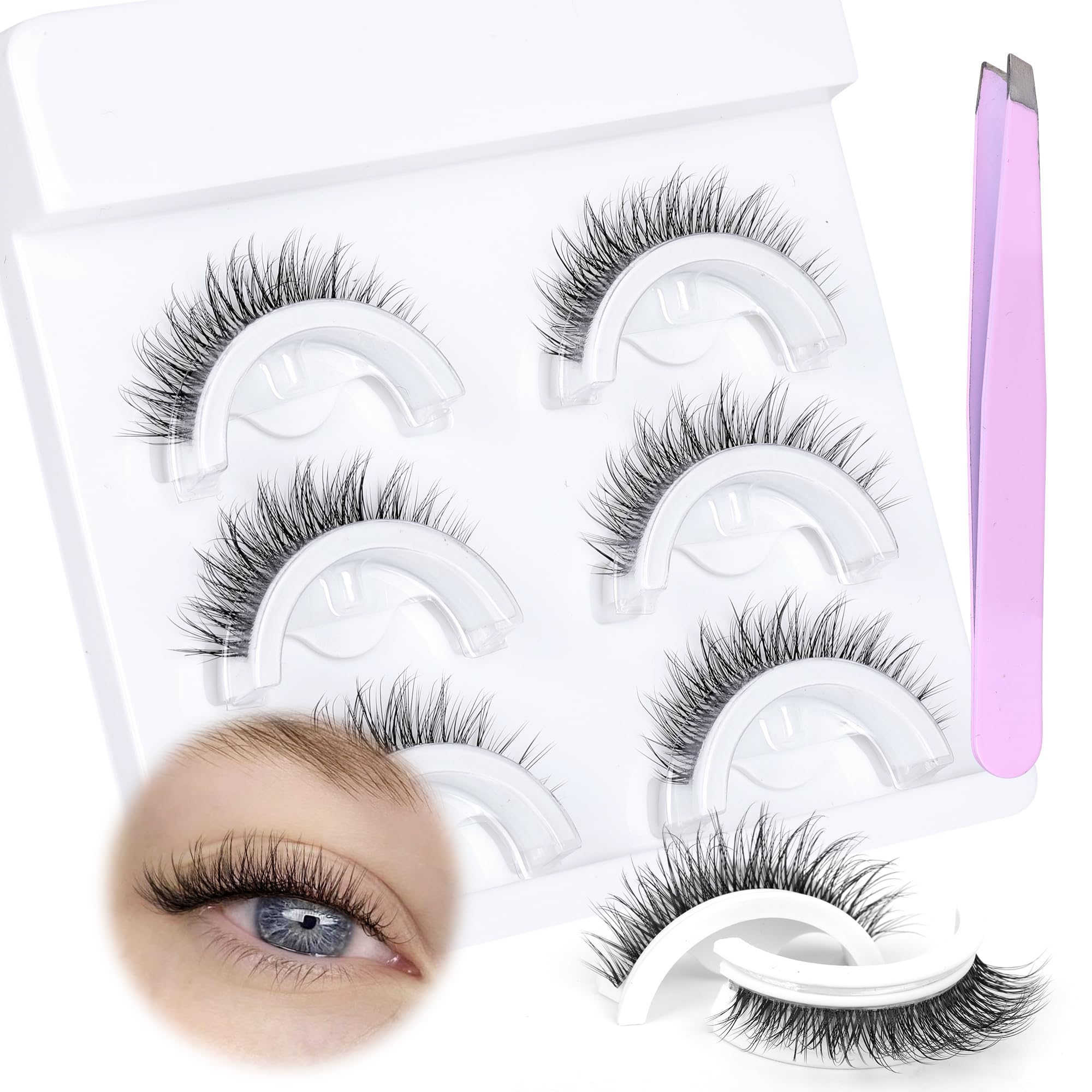 JIMIRESelf Adhesive Eyelashes Clear Pre-Glued Mink Lashes Fluffy Russian D Curl Strip Lashes Natural Look Like Eyelash Extensions Wispy Press-on Self- Adhesive Lashes 3 Pairs Pack