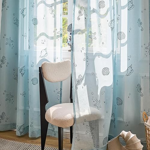 Miniatura 9 de jinchan Cortinas traslúcidas azules para sala de estar, dormitorio, cuarto de bebé, 84 pulgadas de largo, para casa de playa, gasa transparente,