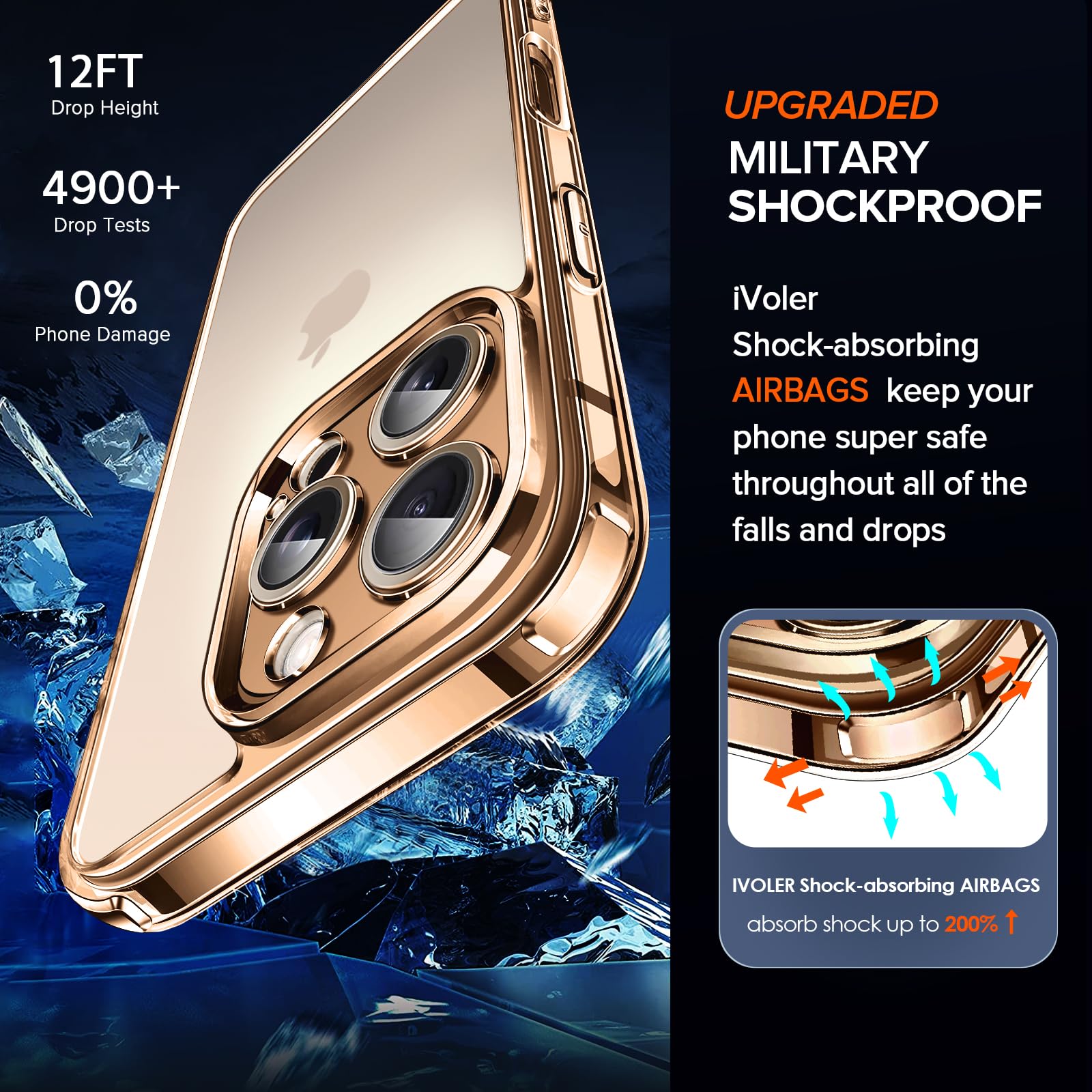 iVoler Cover Chiaro per iPhone 16 Pro Max con 2 Pezzi Pellicola Vetro Temperato, [Antiurto di Grado Militare][Protezione Fotocamera] Custodia Trasparente Sottile Anti-Ingiallimento Case - Oro